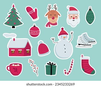 Christmas and New Year cute symbols stickers set. Santa Claus, reindeer, candy, gift, glove, house, decoration ball, Christmas tree, snowman, hot chocolate, stocking etc. Vector illustration