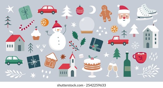 Christmas and New Year cute symbols set. Santa Claus, reindeer, candy, gift, cars, house, decoration ball, Christmas tree, snowman, hot chocolate, cake, champagne, houses etc. Vector illustration