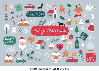 Christmas and New Year cute symbols set. Santa Claus, reindeer, candy, gift, cars, house, decoration ball, Christmas tree, lettering, hot chocolate, cake, champagne, houses etc. Vector illustration