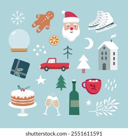 Christmas and New Year cute symbols set. Santa Claus, gift, cars, house, decoration ball, Christmas tree, hot chocolate, cake, champagne, houses etc. Vector illustration