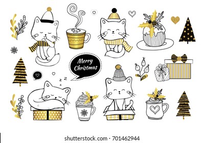 Christmas and New Year. Cute vector set with hand-drawn cat. Little lovely kitten. Holiday golden stickers