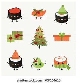 Christmas and New Year. Cute vector set with  sushi characters. Holiday stickers. Asian food.