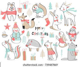 Christmas and New Year. Cute vector set with cute hand-drawn animals. Vector illustration