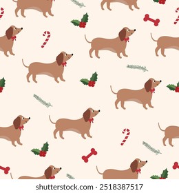 Patrón de Navidades y perros Dachshund de año Nuevo. Gráficos de Vector