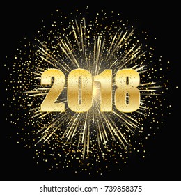 Christmas and new year dark background, fireworks with gold particles and figures 2018