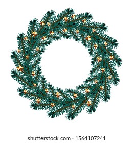Christmas, New Year. Dark blue branches of spruce in the form of a Christmas wreath with gold stars and shadow. Vector illustration