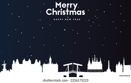 Christmas and New year dark blue greeting card with white panorama of Amsterdam