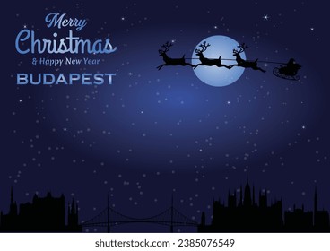 Christmas and New year dark blue greeting card with Santa Claus silhouette and black panorama of the city of Budapest