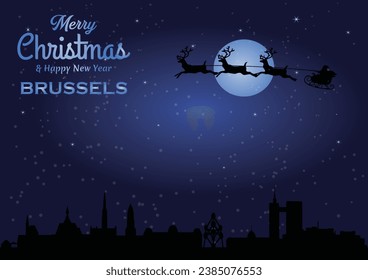 Christmas and New year dark blue greeting card with Santa Claus silhouette and black panorama of the city of Brussels