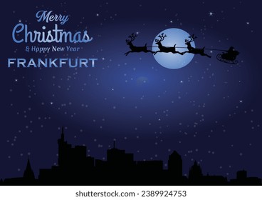 Christmas and New year dark blue greeting card with Santa Claus silhouette and black panorama of the city of Frankfurt