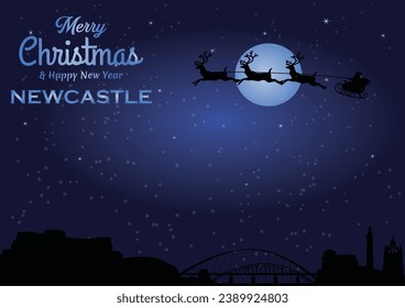 Christmas and New year dark blue greeting card with Santa Claus silhouette and black panorama of the city of Newcastle