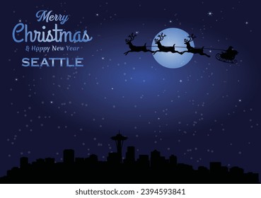 Christmas and New year dark blue greeting card with Santa Claus silhouette and black panorama of the city of Seattle, Washington - US State
