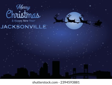 Christmas and New year dark blue greeting card with Santa Claus silhouette and black panorama of the city of Jacksonville, Florida - US State