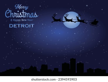 Christmas and New year dark blue greeting card with Santa Claus silhouette and black panorama of the city of Detroit, Michigan - US State