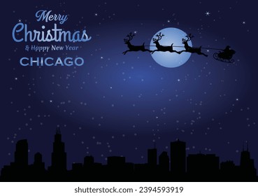 Christmas and New year dark blue greeting card with Santa Claus silhouette and black panorama of the city of Chicago, Illinois - US State