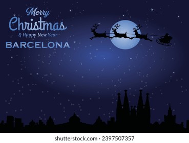 Christmas and New year dark blue greeting card with Santa Claus silhouette and black panorama of the city of Barcelona, Spain