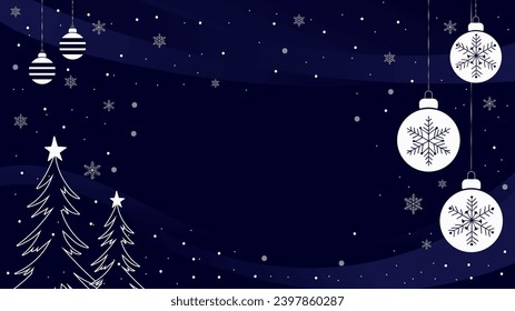 Christmas and New Year dark blue abstract background with Christmas trees Christmas balls and snowflakes. Template for greeting card, poster, wallpaper, flyer. Vector illustration with space for text.