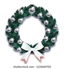Christmas, New Year. Dark Green branches of spruce in the form of a Christmas wreath with silver balls and white bow. Vector illustration