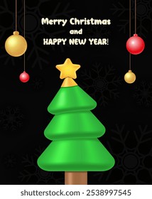 Christmas and New Year dark vector background card with green fir tree and sparkle hanging balls for design