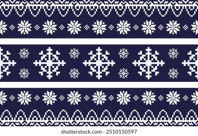 Christmas and New Year darkblue and white seamless pattern, fairytale pixel pattern in white and green with Nordic snowflakes for winter hats, ugly sweaters, jumpers. wallpaper, paper or other design