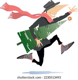 Christmas, New Year day. Funny running man in the hat and big scarf carrying a fir
Funny running man in the hat and big scarf carrying a fir. Illustration on white background
