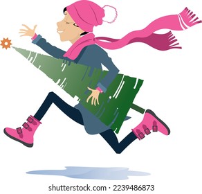 Christmas, New Year day. Funny running woman in the hat and big scarf carrying a fir.
Funny running woman in the hat and big scarf carrying a fir. Illustration on white background
