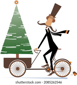 Christmas, New Year day. Man with fir rides a bike illustration.
Cartoon long mustache man in the top hat transports a fir on the bike isolated on white
