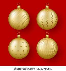 Christmas and New Year decor. Set of gold glass balls with an ornament. 3d realistic vector illustration.