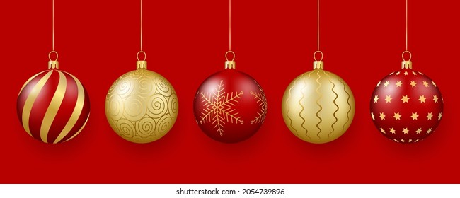 Christmas and New Year decor. Set of gold and red glass balls with an ornament. 3d realistic vector illustration.