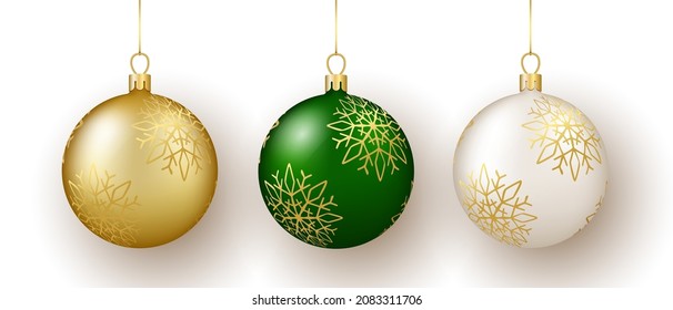 Christmas and New Year decor. Set of gold, white and green snowflake ornament balls on ribbon. 3d realistic vector illustration isolated on white background.