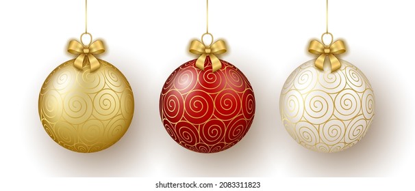 Christmas and New Year decor. Set of gold, white and red glass spiral ornament balls on ribbon with bow. 3d realistic vector illustration isolated on white background.