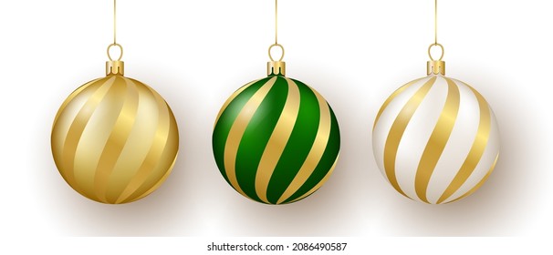 Christmas and New Year decor. Set of gold, white and green ornament balls on ribbon. 3d realistic vector illustration isolated on white background.