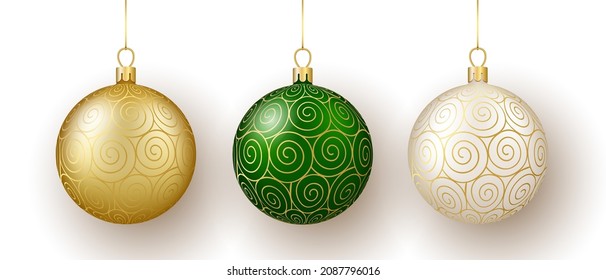 Christmas and New Year decor. Set of gold, white and green glass spiral ornament balls on ribbon. 3d realistic vector illustration isolated on white background.