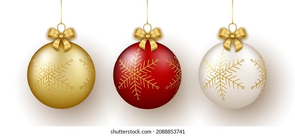 Christmas and New Year decor. Set of gold, white and red glass snowflake ornament balls on ribbon with bow. 3d realistic vector illustration isolated on white background.