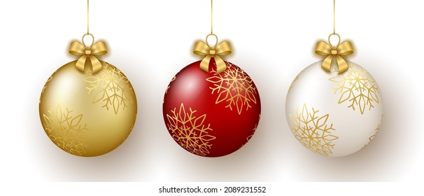 Christmas and New Year decor. Set of gold, white and red glass snowflake ornament balls on ribbon with bow. 3d realistic vector illustration isolated on white background.