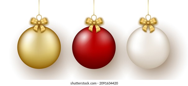 Christmas and New Year decor. Set of gold, white and red glass balls on ribbon with bow. 3d realistic vector illustration isolated on white background.