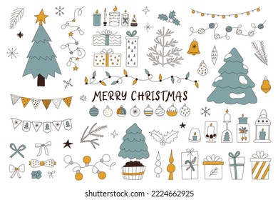 Christmas and New Year decor set in doodle style. Decorative elements for stickers, postcards, notebooks, coloring books, calendars and posters. Vector linear illustration, clipart