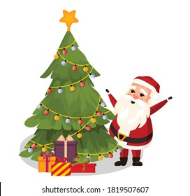 Christmas, New Year, Decorated Christmas tree, Santa Claus decorates the Christmas tree with a bunch of gifts. The holiday is coming.