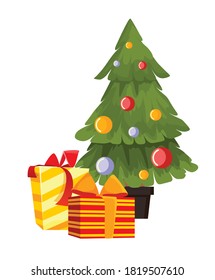 Christmas, New Year, Decorated Christmas tree, Santa Claus decorates the Christmas tree with a bunch of gifts. The holiday is coming.