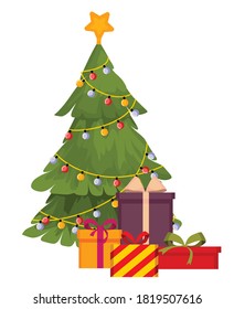 Christmas, New Year, Decorated Christmas tree, Santa Claus decorates the Christmas tree with a bunch of gifts. The holiday is coming.