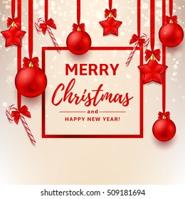 Christmas or New Year decoration background. Vector illustration. Xmas composition with red balls and stars. Festive backdrop with candy canes. Greeting card with lights.