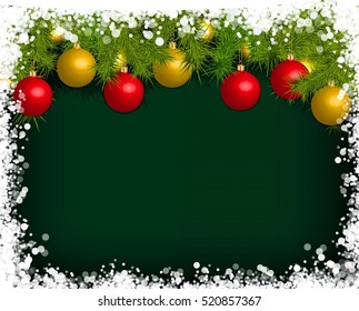 Christmas or New Year decoration background fur-tree branches, colorful glass balls on dark background. Vector illustration