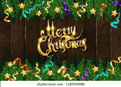 Christmas or New Year decoration banner. Top view on Xmas composition golden confetti and gold star. Festive backdrop with greeting card and on wooden texture. Vector illustration