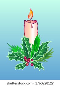 Christmas and New Year decoration. Candle decorated with holly leaves with berries and branches of rosemary on a blue gradient background. Burning candle and evergreen plants.