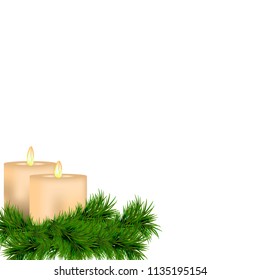 Christmas and New Year decoration with candles and spruce twig isolated on white background. Vector illustration