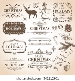 Christmas and New Year decoration collection. Vector set of calligraphic labels, hand drawn decorations, stickers, elements and emblems.