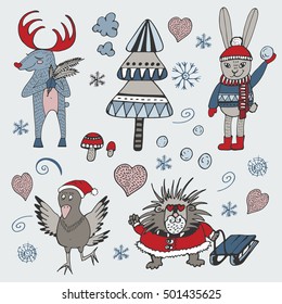 Christmas and New Year decoration collection with cute animals. Hand drawn vector illustration for poster, print on clothes. Romantic sketch elements with deer, rabbit, hedgehog, bird, tree, snow.