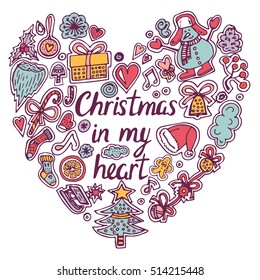 Christmas and New Year decoration collection. Hand drawn vector illustration for poster, print on clothes. Romantic winter sketch elements. Christmas in my heart.