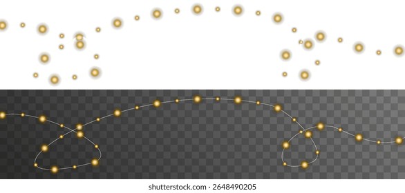 Christmas and New Year decoration: cotton sphere lights on black wire. Stylish festive garland for seasonal projects, cozy party scenes, greeting cards, or romantic wedding invitations.