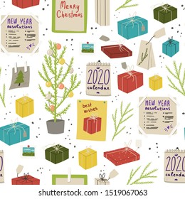 Christmas and New Year decoration elements. Seamless pattern with hand drawn calendar 2020, fir tree, present boxes, greeting cards. Stock vector